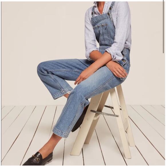 Reformation Johnny Aegean Distressed Light Wash Denim Straight Leg Jean Overalls - Picture 4 of 15
